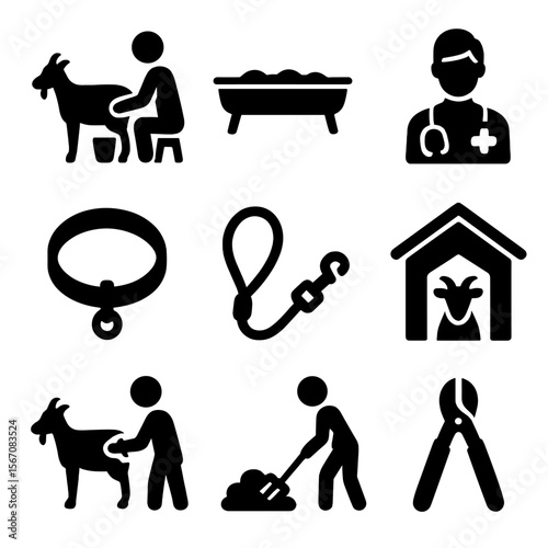 Goat Care Icons. Solid, filled icon set of goat care: milking, feeding trough, veterinarian, collar, leash, goat shed, brushing,