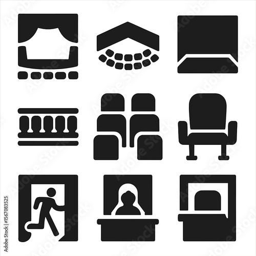 Theater Icon Collection. Solid, Filled icon set of venue spaces and seating: proscenium arch, thrust stage, black box room,