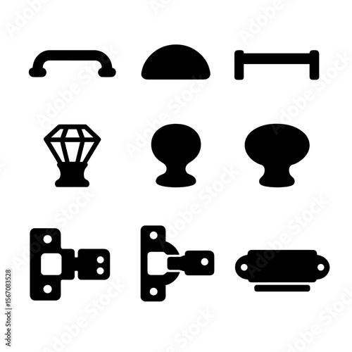 Kitchen Hardware Icons. Solid, filled icon set of kitchen hardware types: drawer pull, cup handle, bar handle, crystal knob, metal