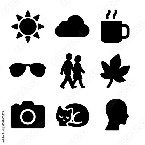 Golden Hour Icons. Solid, filled icon set of late afternoon golden hour: glowing sun, soft cloud, warm mug, reflective sunglasses,