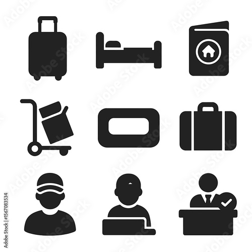 Dorm Move-In Icons. Solid, filled icons set of dorm move-in day symbols: luggage bag, dorm bed, welcome packet