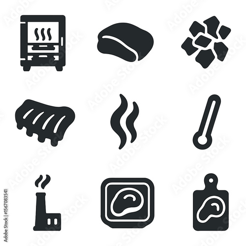 Smoked Food Icons. Solid, filled icons set of smoked food: smoker box, brisket, wood chips, smoke icon, ribs,