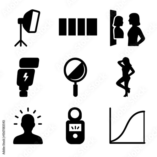 Dramatic Lighting Icons. Solid, filled icons set of dramatic lighting in photography: softbox, contrast scale,