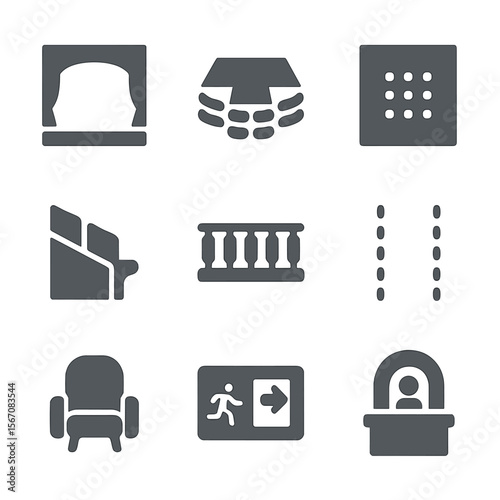 Theater Venue Icons. Flat icon set of venue spaces and seating: proscenium arch, thrust stage, black box room, mezzanine tier,