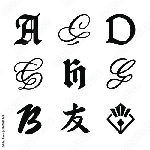 Gold Calligraphy Icons. Solid, filled icon set of calligraphy styles with gold: gothic initial, italic flourish, uncial letter,