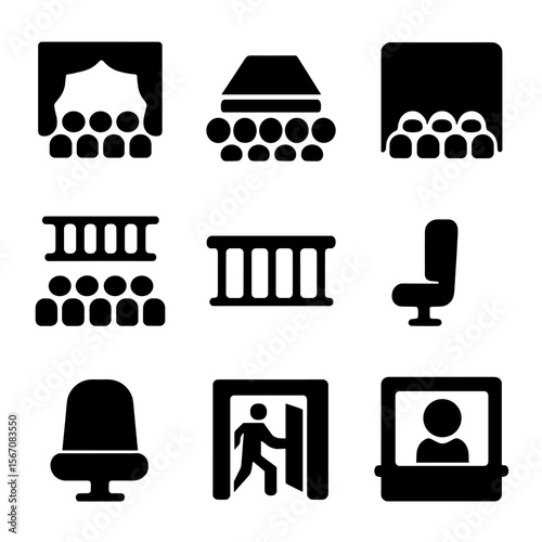 Theater Icon Collection. Solid, Filled icon set of venue spaces and seating: proscenium arch, thrust stage, black box room,