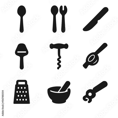 Kitchen Tool Icons. Solid, filled icon set of Food prep and serving: serving spoon, salad tongs, butter knife, cheese slicer,