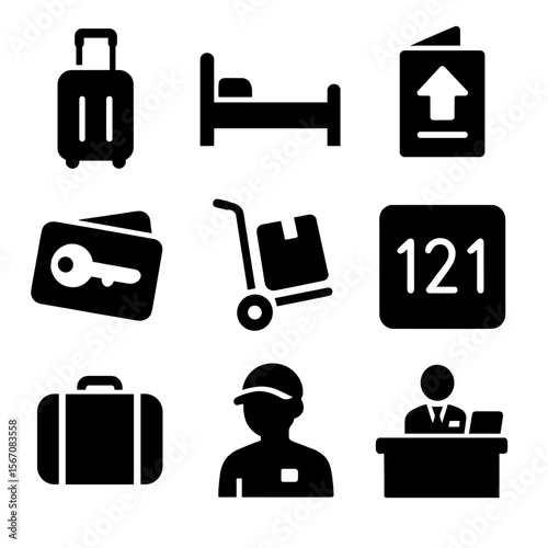 Dorm Move-In Icons. Solid, filled icons set of dorm move-in day symbols: luggage bag, dorm bed, welcome packet