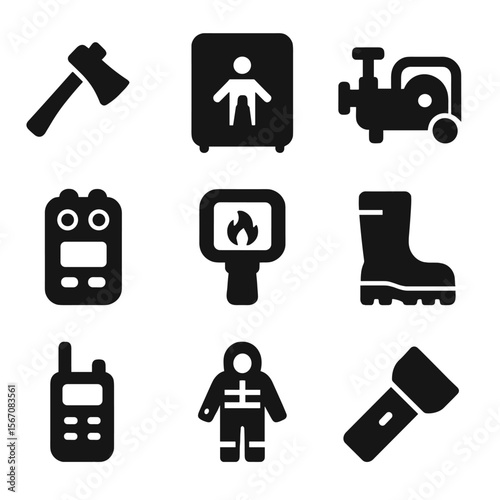 Firefighting Equipment Icons. Solid, filled icon set of firefighting equipment: axe, fire blanket, water pump, gas detector,