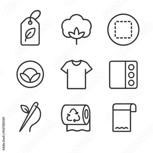 Eco-Friendly Fashion Icons. Outline icon set of eco-friendly fashion labels: hang tag with leaf, organic cotton boll, upcycled