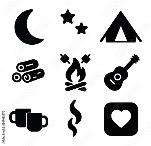 Campfire Night Icons. Solid, filled icons set of night around the fire: moon, stars, tent, logs, marshmallows,