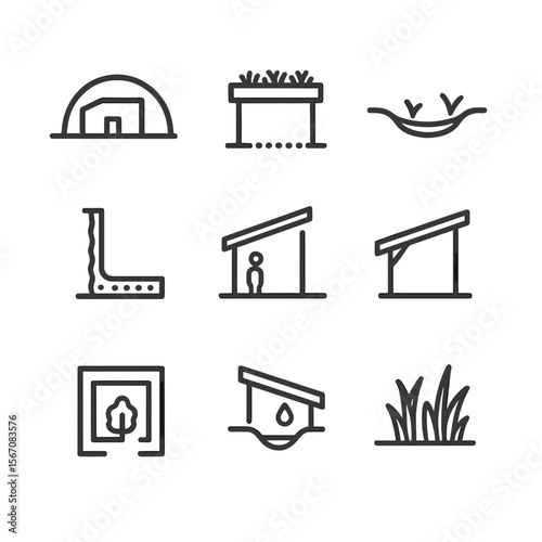 Eco-Friendly Architecture Icons. Outline icon set of earth-integrated architecture: earth berm house silhouette, green roof