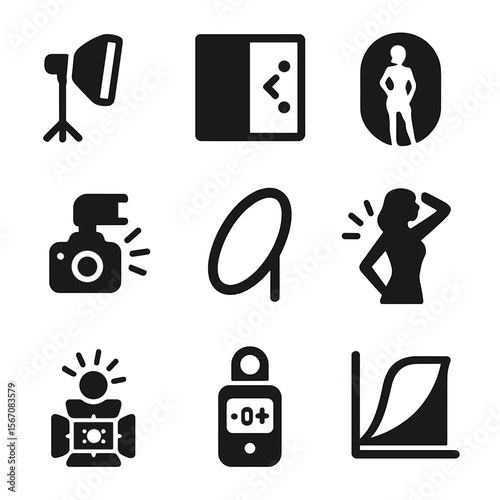 Dramatic Lighting Icons. Solid, filled icons set of dramatic lighting in photography: softbox, contrast scale,
