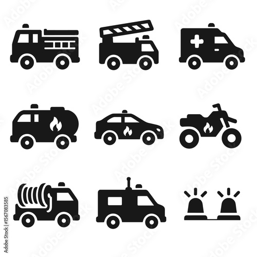 Firefighting Vehicles Icons. Solid, filled icon set of firefighting vehicles: fire engine, ladder truck, rescue vehicle, water