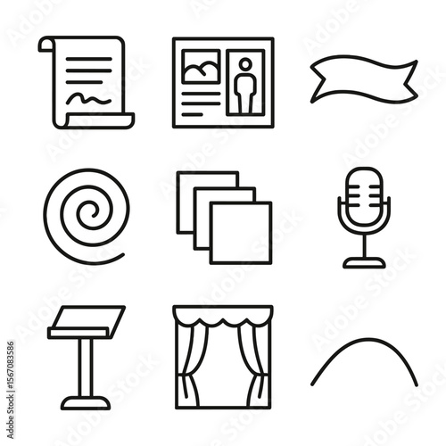Theatre Storytelling Icons. Outline icon set of theatrical storytelling devices: scroll script, storyboard panel, narrative ribbon