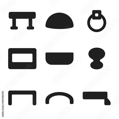 Drawer Handle Icons. Solid, filled icons set of drawer handle: T-bar pull, cup handle, ring pull, recessed