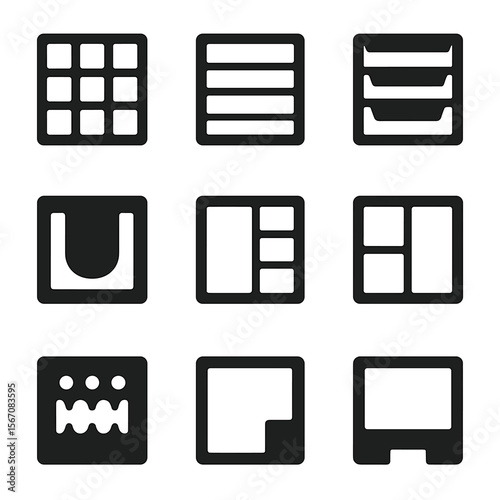 Drawer Organizer Icons. Solid, filled icons set of drawer organizer layouts: square grid, lined tray, tiered