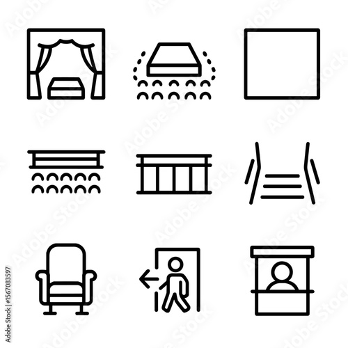 Theater Venue Icons. Outline icon set of venue spaces and seating: proscenium arch, thrust stage, black box room, mezzanine tier,