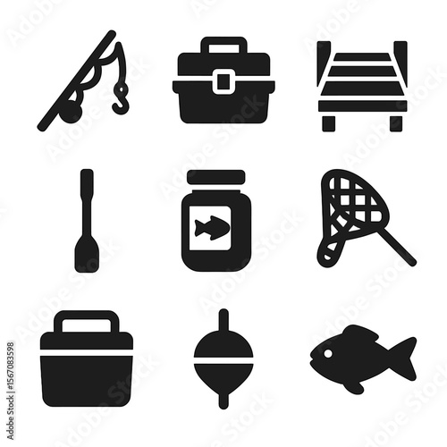 Fishing Gear Icons. Solid, filled icon set of fishing and lakeside gear: fishing rod, tackle box, wooden pier, boat paddle, bait