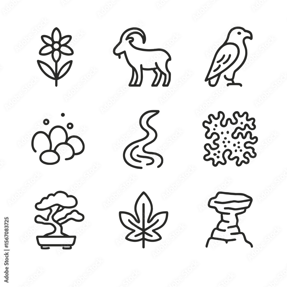 Naklejka premium Ecological Awareness Icons. Outline icon set of ecological awareness on remote hikes: alpine wildflower, mountain goat silhouette,