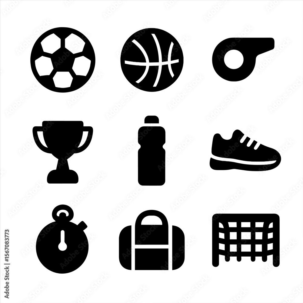 Obraz premium Laughing Friends Sports Icons. Solid, filled icon set of friends laughing during sports: soccer ball, basketball, whistle, trophy,