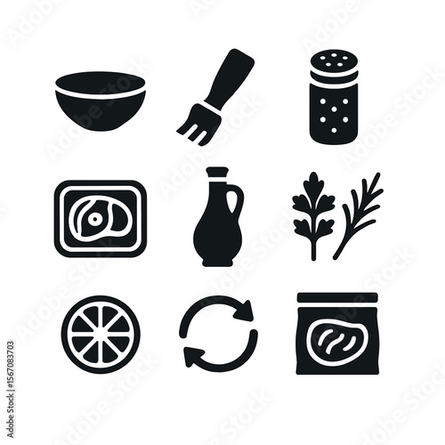 Meat Marinade Icons. Solid, filled icons set of meat marinade prep: bowl, brush, seasoning jar, meat tray, oil