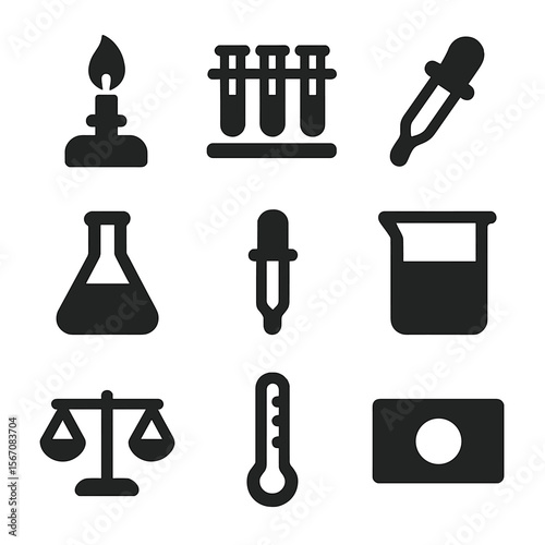 Laboratory Equipment Icons. Solid, filled icon set of Laboratory Equipment: Bunsen burner, test tube rack, pipette, conical flask,