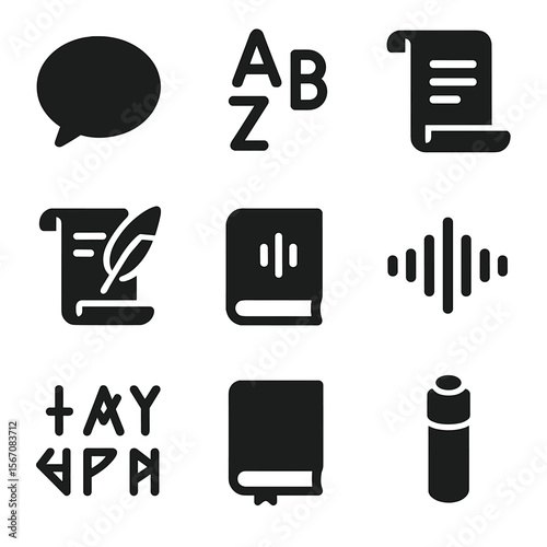 Language Origin Icons. Solid, filled icon set of Origin of languages: speech bubble, alphabet letters, scroll, quill pen,