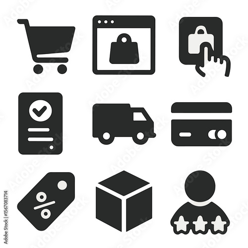 E-commerce Icons Grid. Solid, filled icons set of e-commerce platforms and online sales: shopping cart,