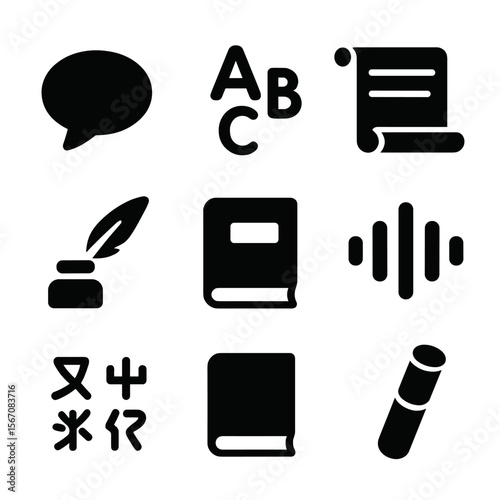 Language Origin Icons. Solid, filled icon set of Origin of languages: speech bubble, alphabet letters, scroll, quill pen,