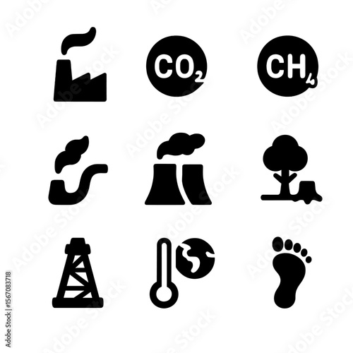 Greenhouse Gas Icons. Solid, filled icon set of greenhouse gas emissions: factory smokestack, carbon dioxide molecule, methane