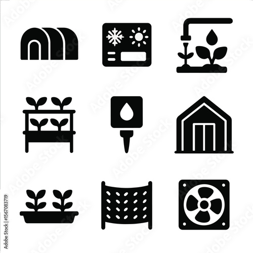Greenhouse Farming Icons. Solid, filled icon set of greenhouse farming: poly tunnel, climate control panel, drip irrigation,