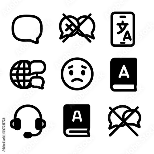 Language Barrier Icons. Solid, filled icon set of language barriers: speech bubble, crossed speech bubbles, translation app, globe
