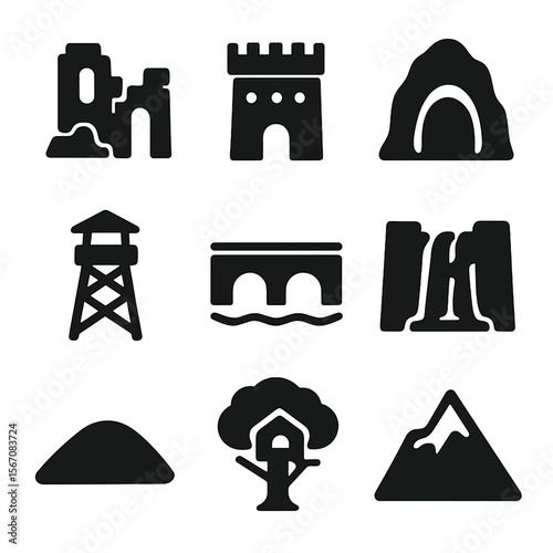 Landmark Icon Set. Solid, filled icon set of landmarks in open-world adventure: ancient ruins, castle, cave entrance, watchtower,