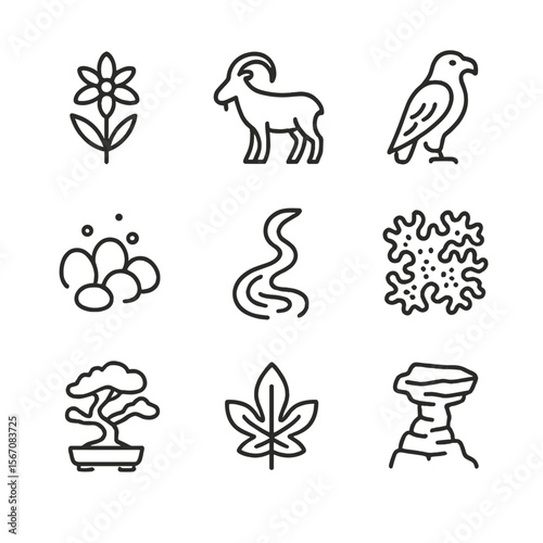 Ecological Awareness Icons. Outline icon set of ecological awareness on remote hikes: alpine wildflower, mountain goat silhouette,