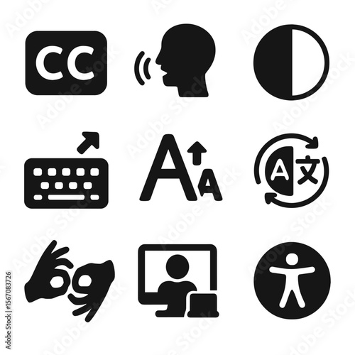 E-Learning Accessibility Icons. Solid, filled icons set of accessibility in e-learning: closed caption,