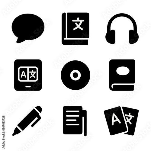 Language Tools Icons. Solid, filled icon set of language learning tools: speech bubble, translation book, headphones, language app