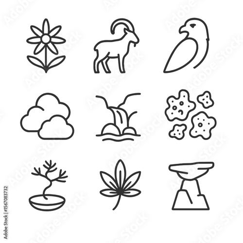 Ecological Awareness Icons. Outline icon set of ecological awareness on remote hikes: alpine wildflower, mountain goat silhouette,