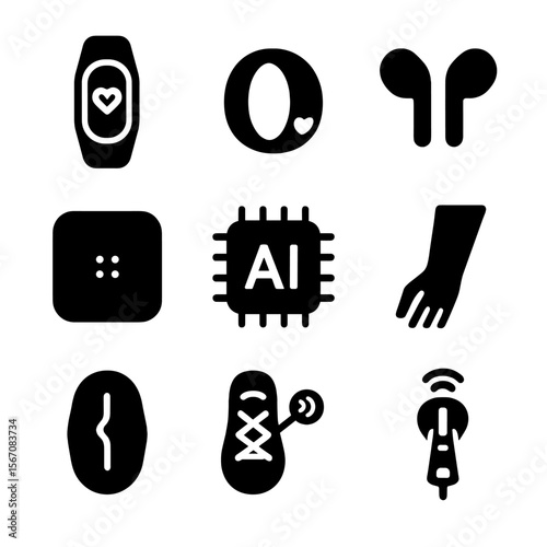 Fitness Tech Icons. Solid, filled icon set of fitness fashion tech: smart band, heart rate ring, fitness earbuds, smart fabric