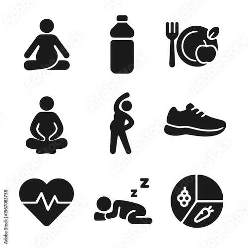 Fitness Wellness Icons. Solid, filled icon set of expecting fitness and wellness: yoga pose, water bottle, healthy meal,