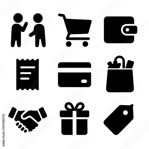 Flea Market Icons. Solid, filled icon set of flea market shopping activities: bargaining, shopping cart, wallet, receipt, credit