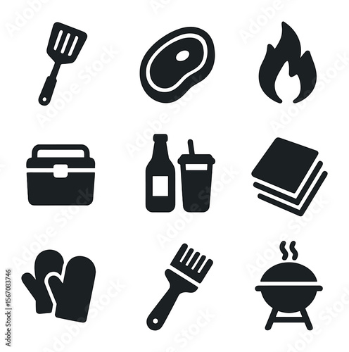 Grilling Essentials Icons. Solid, filled icons set of grilling checklist: spatula, meat, fire, cooler, drinks,