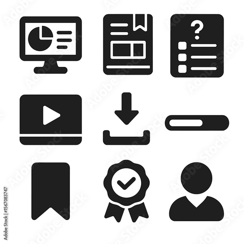 E-learning Tools Icons. Solid, filled icons set of e-learning tools: learning dashboard, course module, quiz