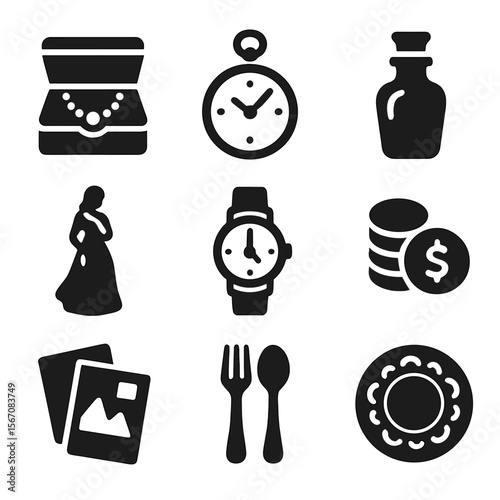 Flea Market Icons. Solid, filled icon set of flea market collectibles: jewelry box, pocket watch, glass bottle, porcelain figurine