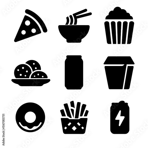 Late-Night Snack Icons. Solid, filled icon set of late-night table snacks: pizza slice, ramen bowl, microwave popcorn, cookie