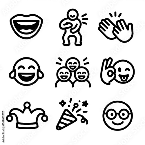 Laughter Icon Grid. Solid, filled icon set of laughter and joy: open mouth laugh, belly laugh, clapping hands, joyful tears, group