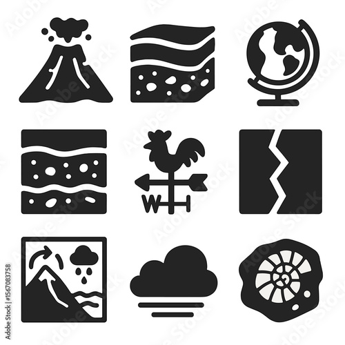 Earth Science Icons. Solid, filled icons set of earth science education: volcano model, rock layers, globe,
