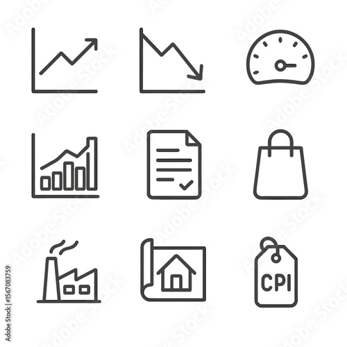 Economic Indicator Icons. Outline icon set of economic indicators monitoring: leading indicator icon, lagging indicator icon,