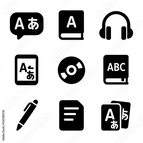 Language Tools Icons. Solid, filled icon set of language learning tools: speech bubble, translation book, headphones, language app