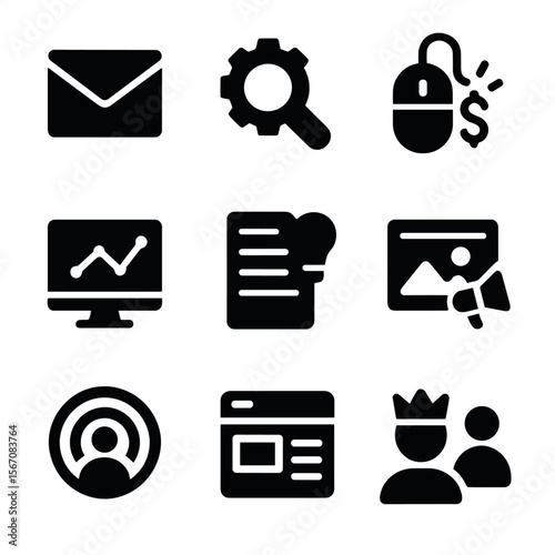 Icon Grids_ Review & Marketing. Solid, filled icon set of peer review process: document, pencil, people, feedback, checkmark,